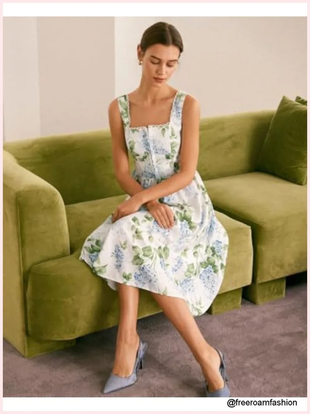 Midi Sundress Square Neck A-Line Flowy Smocked Back Tea Party Guest Dress